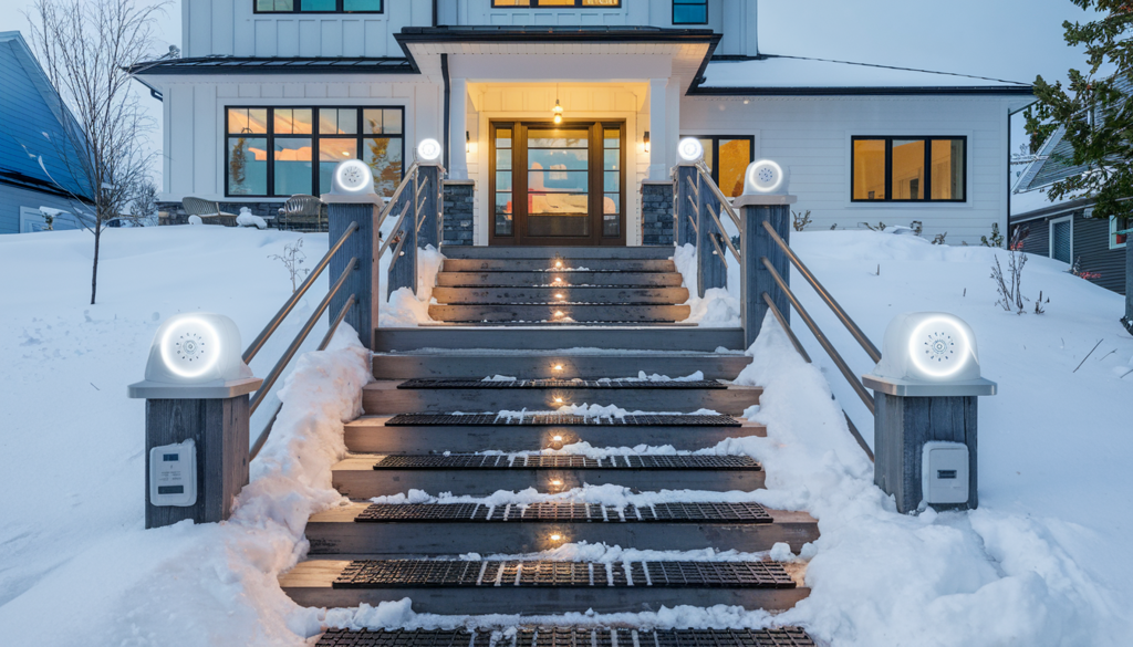 The image captures a modern, well-maintained home in a snow-covered region, showcasing clear, ice-free stairs thanks to innovative heated outdoor mats like HOTStars, HOTflake, and HOTBlocks, complemented by snow sensors and thermostats for enhanced safety and energy efficiency, all set against a backdrop of cool winter blues and warm inviting tones, conveying the essence of smart technology improving winter convenience for homeowners and property managers in North America.