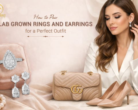 Golden Bird Jewels lab grown rings and earrings styled together for a perfect outfit