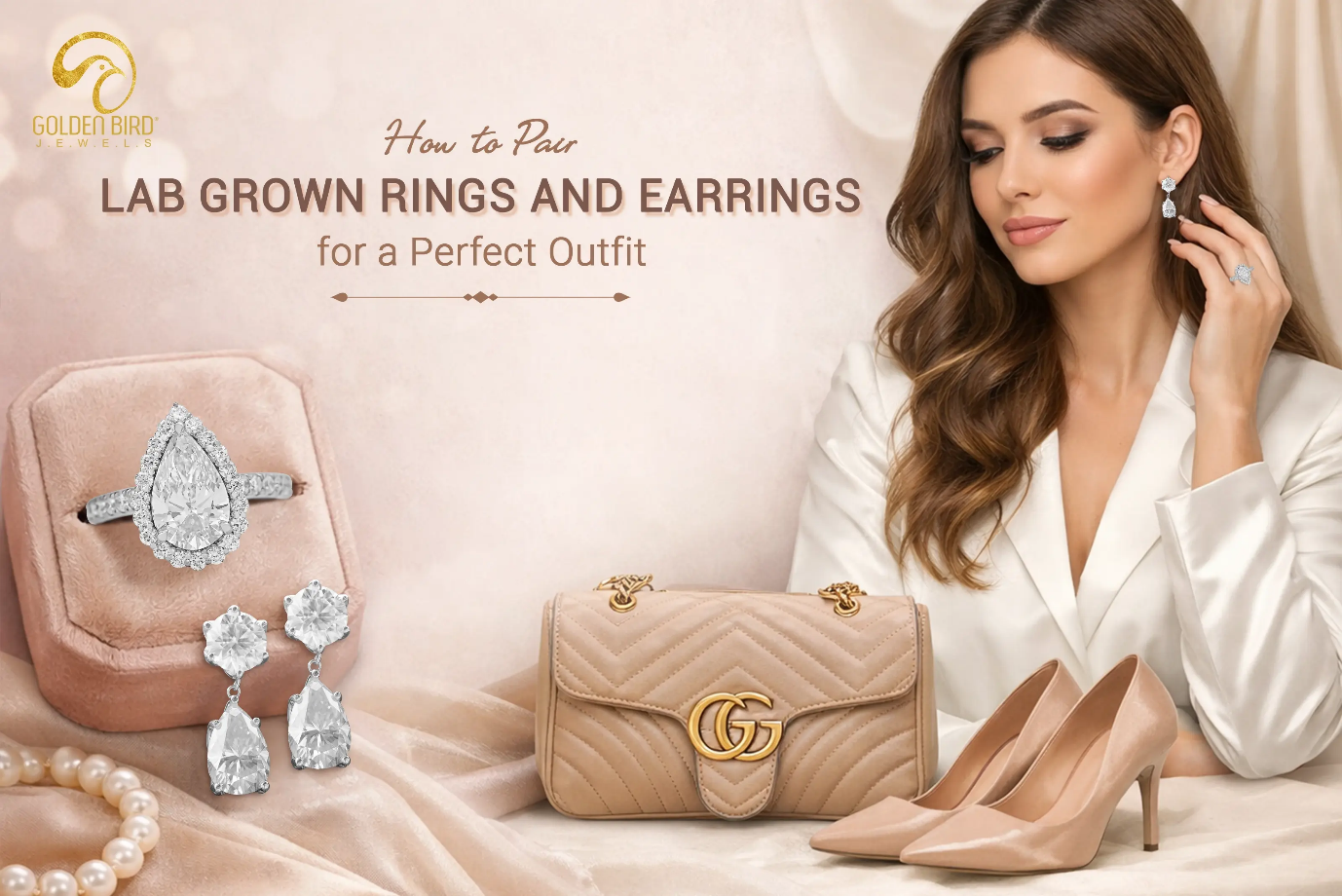 Golden Bird Jewels lab grown rings and earrings styled together for a perfect outfit