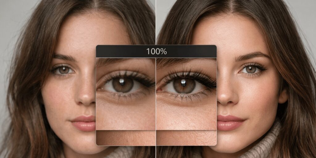 ai photo enhancer before and after portrait comparison with improved skin texture sharp eyes and natural detail shown in 100 percent zoom