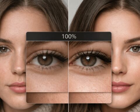 ai photo enhancer before and after portrait comparison with improved skin texture sharp eyes and natural detail shown in 100 percent zoom